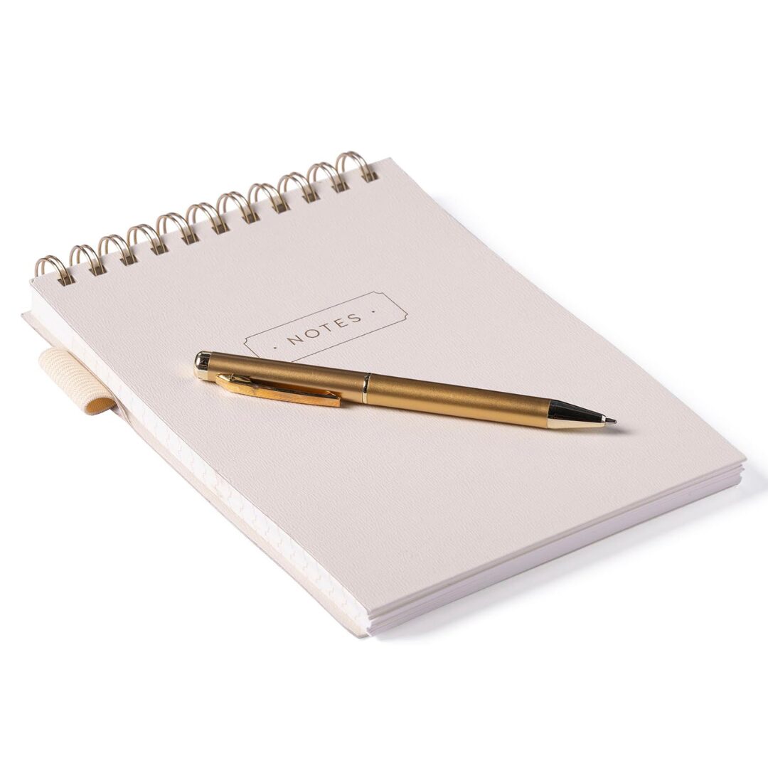 Notitieblok ecru met spiraal en gouden pen - Afbeelding 3