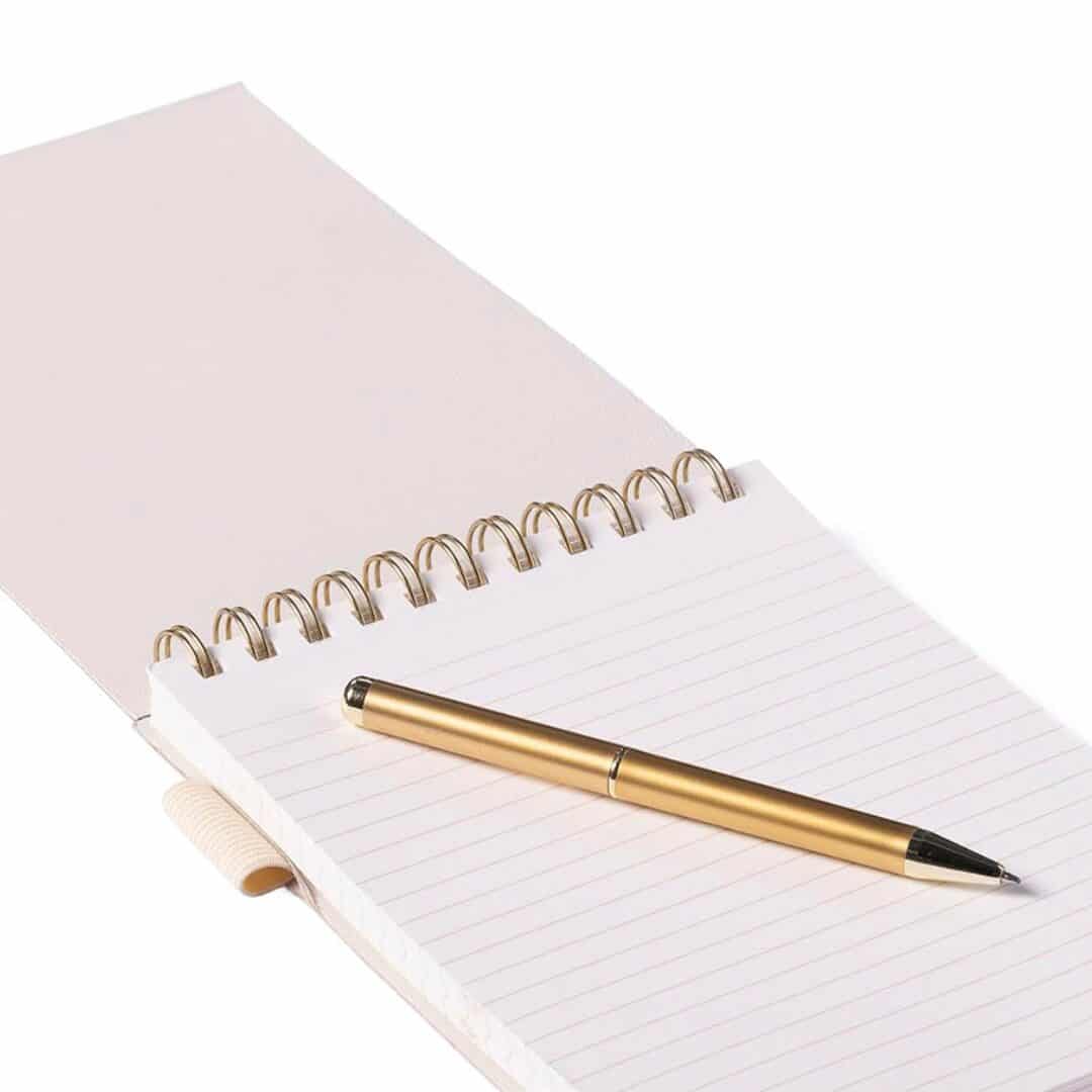 Notitieblok ecru met spiraal en gouden pen - Afbeelding 2
